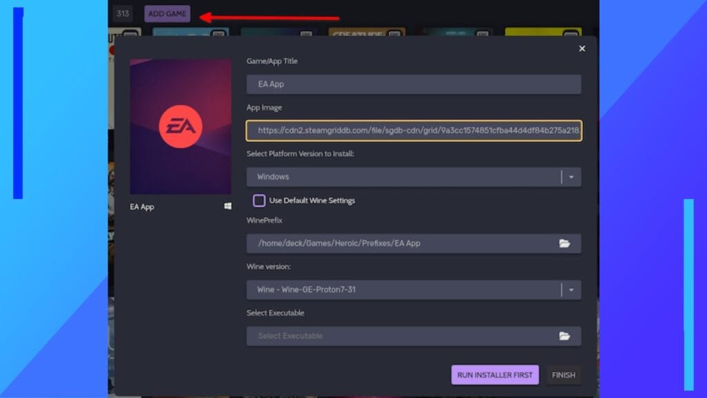 Изображение, показывающее программу запуска Heroic Games, импортирующую приложение для Windows.