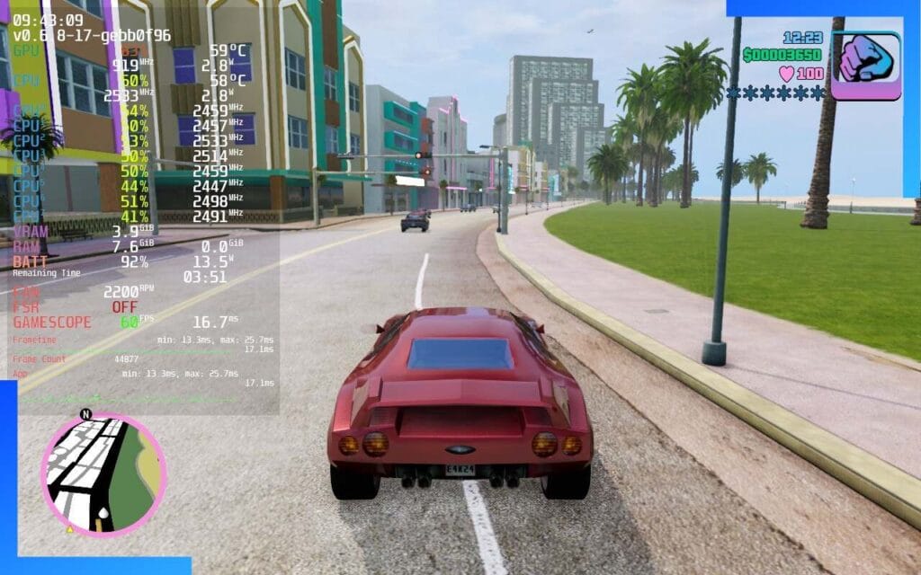GTA Vice City работает на Steam Deck с включенным наложением производительности через GTA: The Trilogy.
