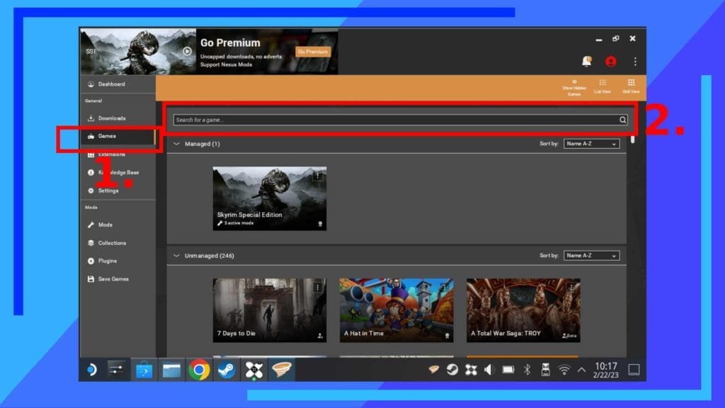 Скриншот игры Vortex в Steam Deck с красными цифрами и полями, показывающими, куда нажимать.