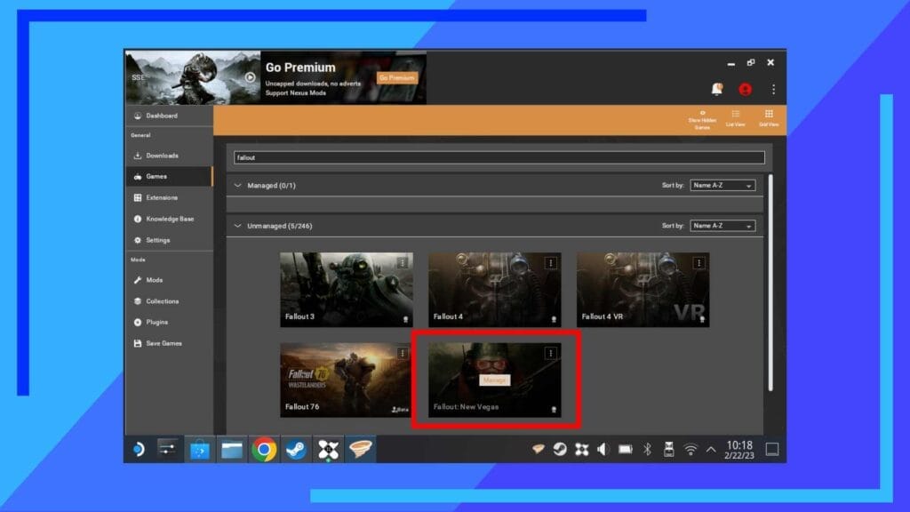 Скриншот Vortex на Steam Deck с единственным красным полем, показывающим, куда щелкнуть.