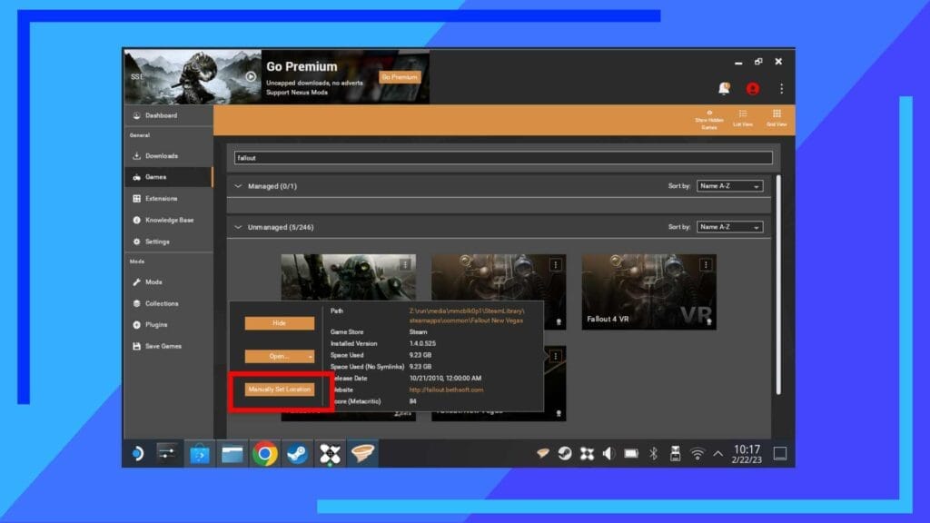 Скриншот Vortex на Steam Deck с еще одним красным полем, показывающим, куда нажимать.