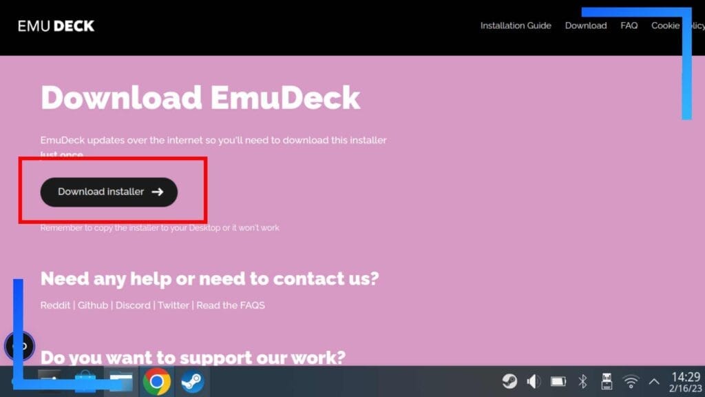 Скриншот домашней страницы EmuDeck, сделанный в Steam Deck.