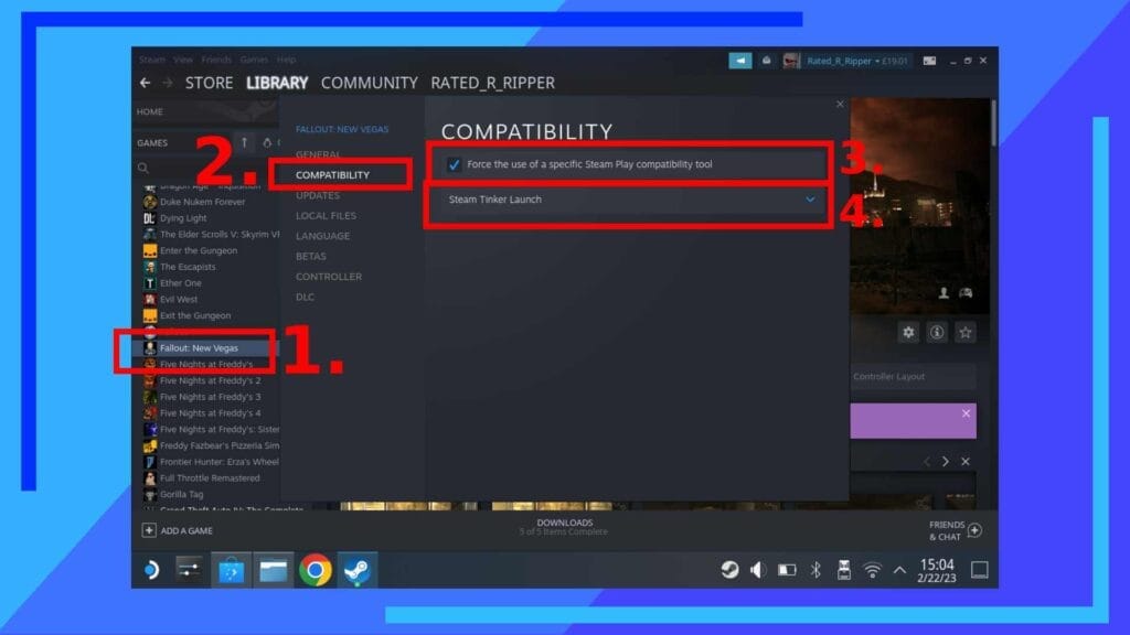 Скриншот Steam с красными прямоугольниками, показывающими, куда нажимать и в каком порядке.