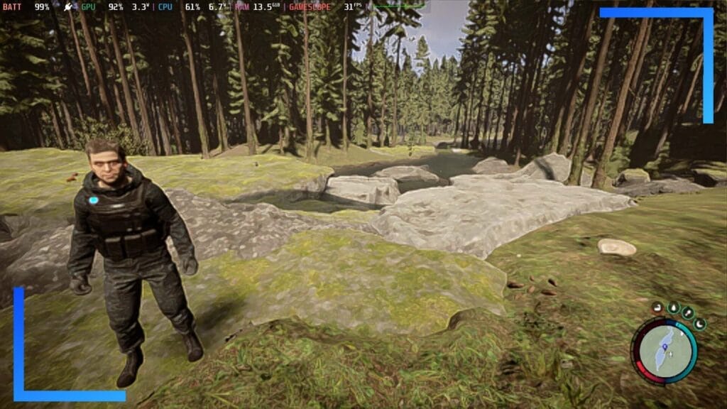 Скриншот игры Sons of the Forest на Steam Deck с включенным динамическим разрешением.