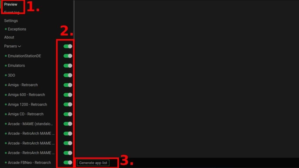 Скриншот Steam ROM Manager с красными полями и цифрами, показывающими в статье, о чем говорит Уэс.
