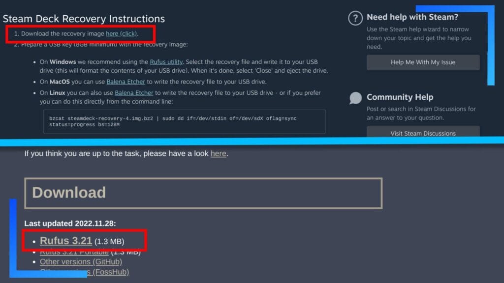 Скриншот веб-сайта Steam Deck и Rufus с красными полями, показывающими расположение кнопки загрузки.