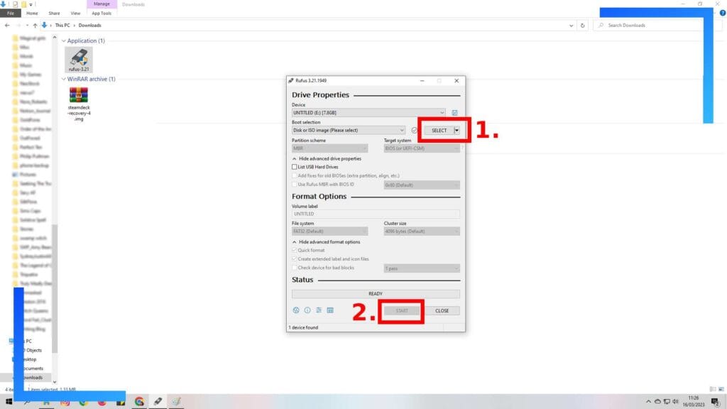 Снимок экрана Руфуса из Windows с красными прямоугольниками и красными цифрами, обозначающими порядок выполнения действий.