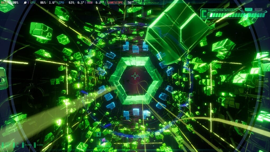 Снимок экрана из System Shock на Steam Deck, показывающий мир киберпространства, состоящий в основном из зеленых фигур.